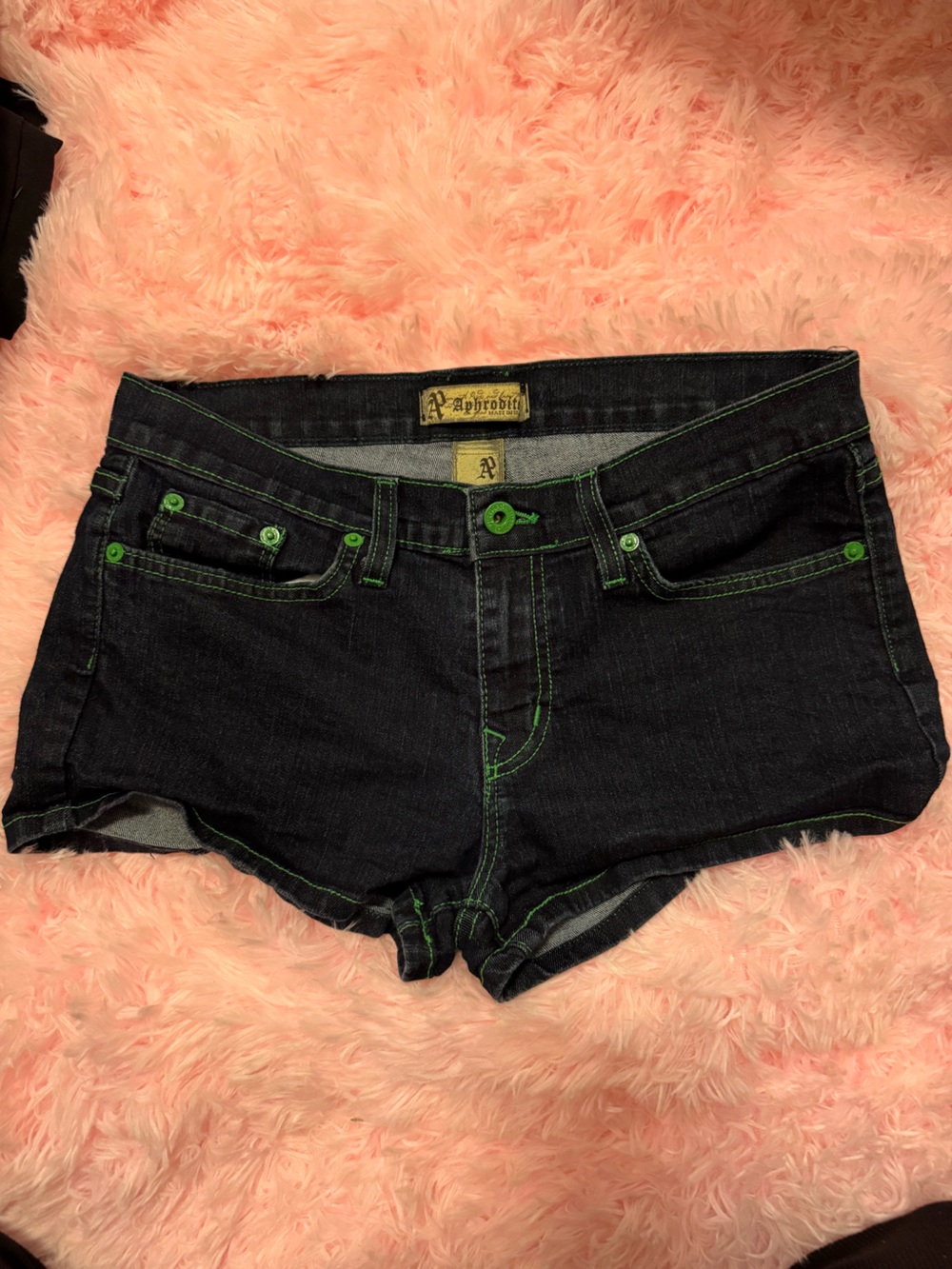 Aphrodite Black Denim Short Shorts with Green Stitching